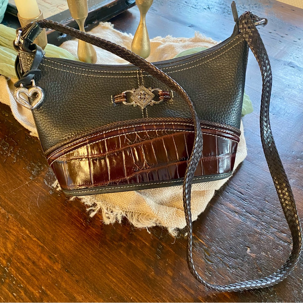 Chic Black And Brown Brighton Leather Shoulder Bag With Silver Hardware